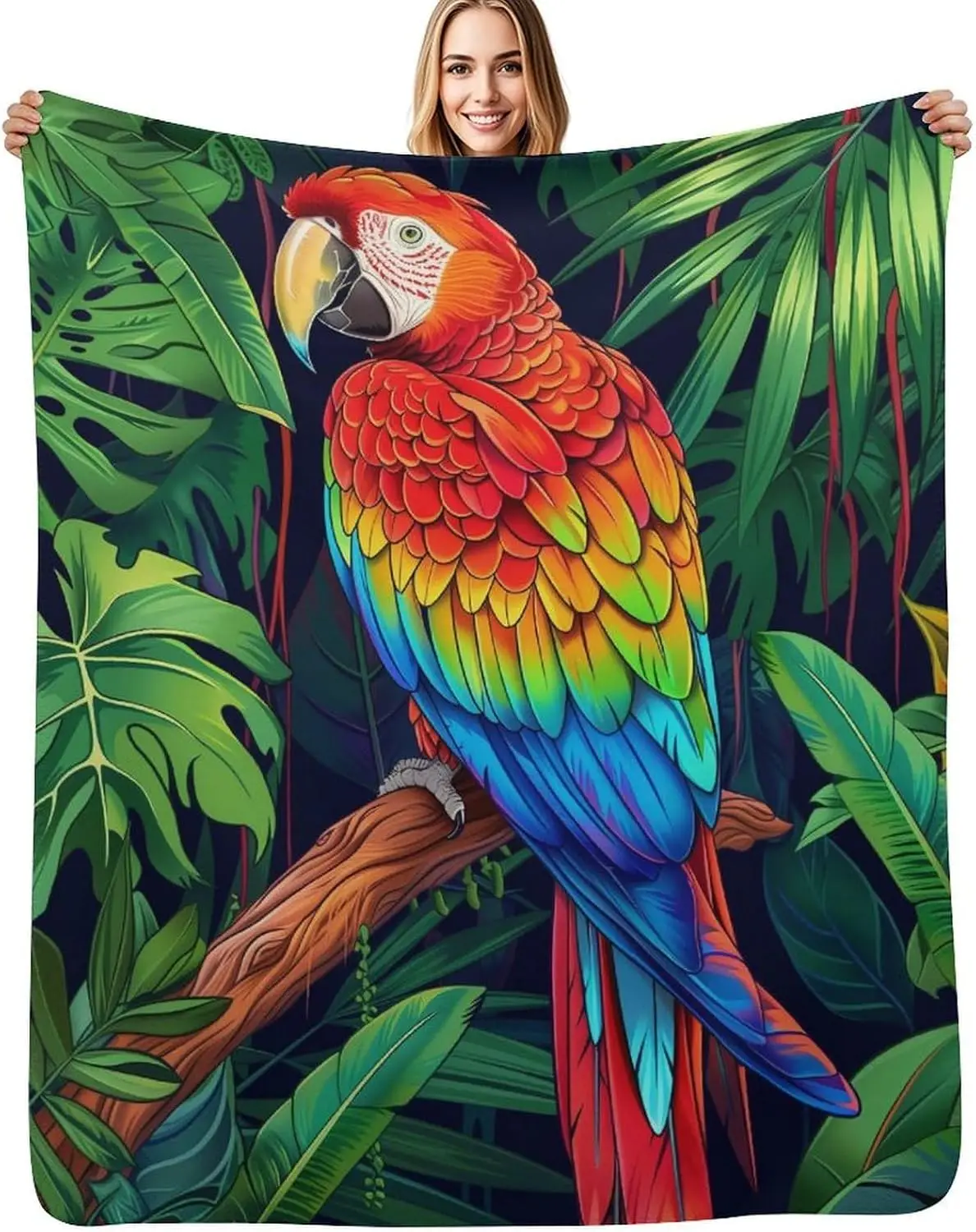 Colorful Macaw Parrot Flannel Throw Blanket Tropical Jungle Leaf Print Vibrant Nature Soft Blankets for Couch Craft Workspace