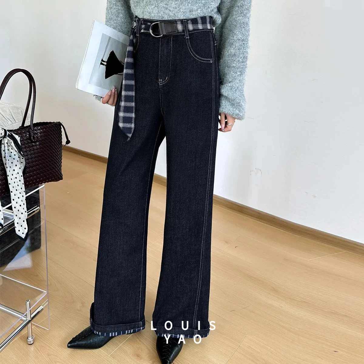

Джинсы LOUISYAO 2025 осенние, с высокой талией, прямые, стройнящие, для женщин, слегка эластичные, из денима, со съемным ремнем