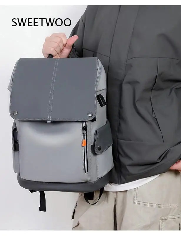 Black Flip Backpack Waterproof Fabric With USB Charging Port Multi Pockets Large Capacity Laptop School Travel Bag