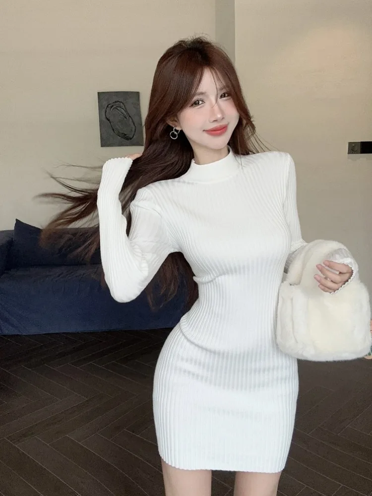 

Retro Beautiful Slim Fit Knitted Dress Women's Autumn Winter Korean Style Simple Long Sleeve Wrap around Skirt Stand Collar