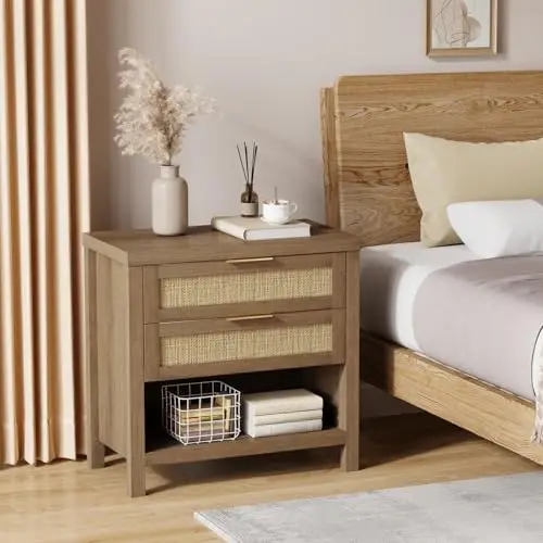 Rattan Nightstands, Farmhouse Bedside Table with 2 Drawers and Storage Shelf, Rattan Boho Accent Night Stands for