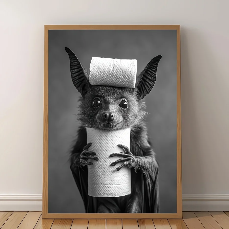1pc Funny Bat with Toilet Paper Roll Canvas Art Print, Humorous Animal Canvas Wall Art, Vintage Halloween Bathroom Decor Poster