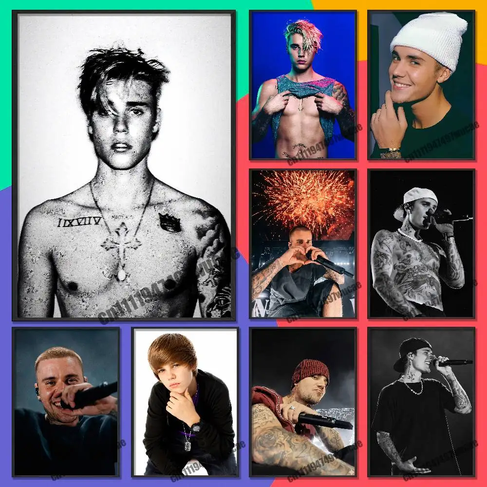 For J-Justin Singer B-Bieber Poster Wall Murals Paper Home Custom Self-adhesive Decoration Sticker Playbill Cover