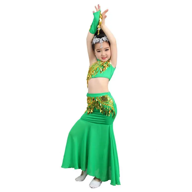 Children Egypt Performance Pratice Clothes Oriental India National Girl Sequins Shoulder Off Tail Belly Skirt Bellydance Costume