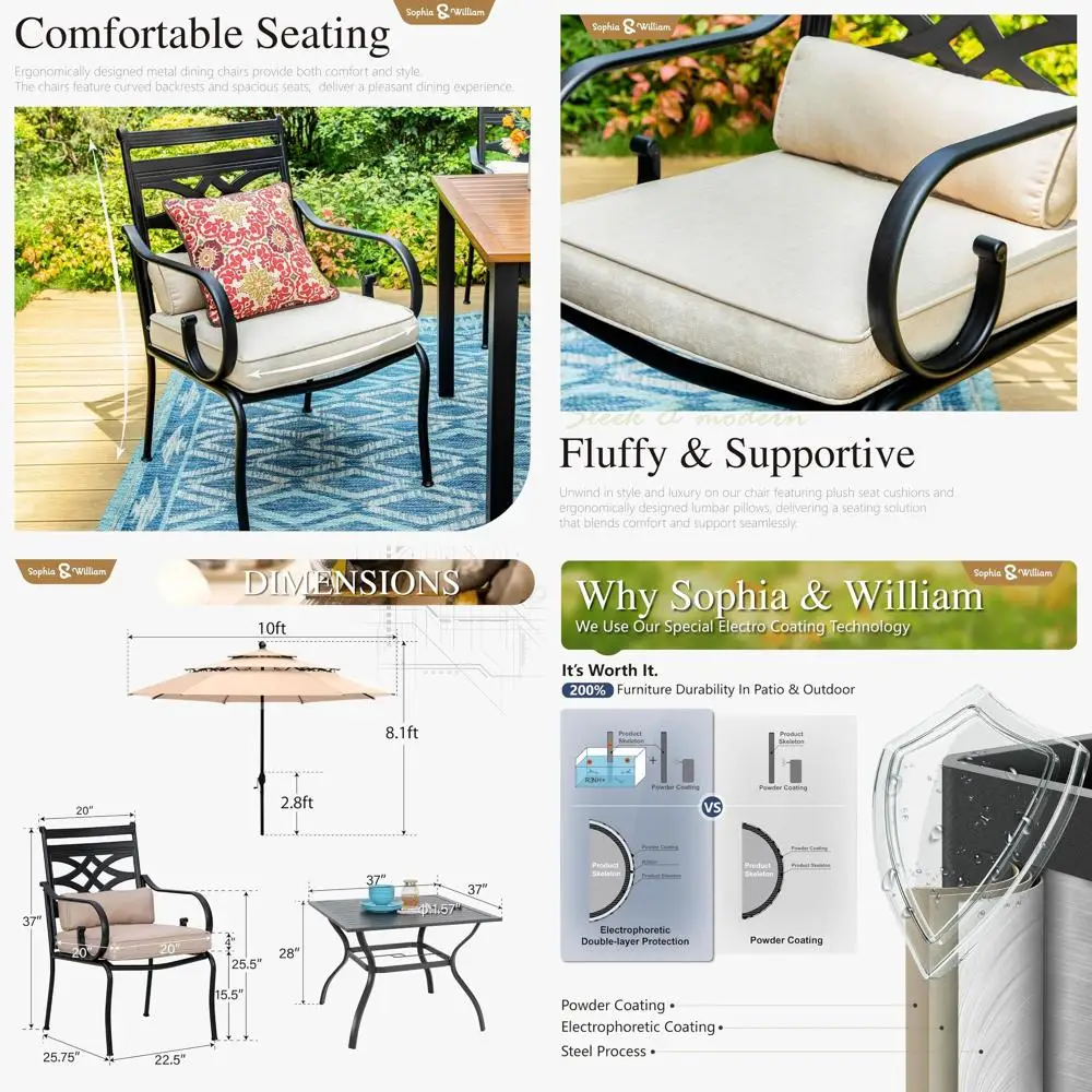 

Набор для уличного обеда из 6 предметов с бежевым зонтом, всепогодная мебель для патио, сада, двора, газона, балкона