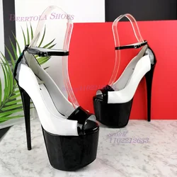 Black Platform White Leather Stitching Heels Women Stiletto Sandals Peep Toe Open Buckle 20Cm Pump Casual Simple Solid Pole Shoe