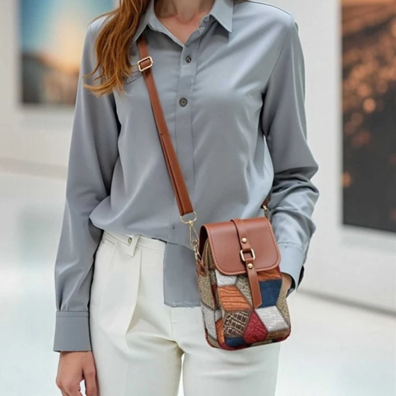Retro Contrasting Color Women's Bag Multi-layer Practical Small Crossbody Bag Diamond Splicing Phone Bag Shoulder Bag