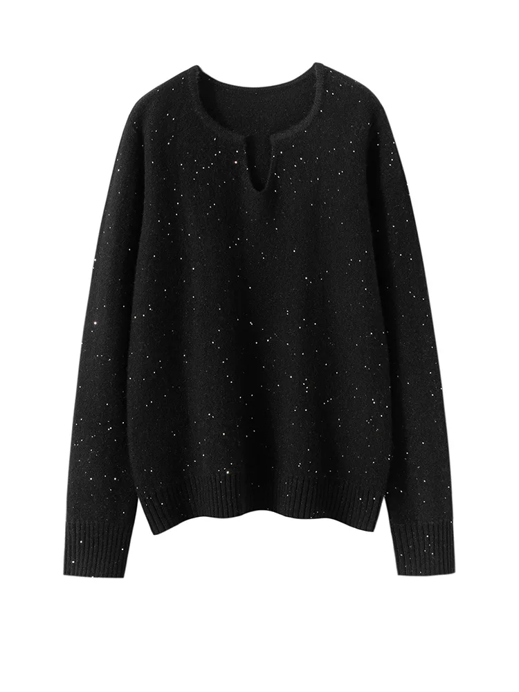 Damski sweter z dekoltem w serek, cekinami, ciepły, wykwintny, na jesień i zimę, 100% kaszmir, prosty, w stylu francuskim, luźny, odzież, topy.