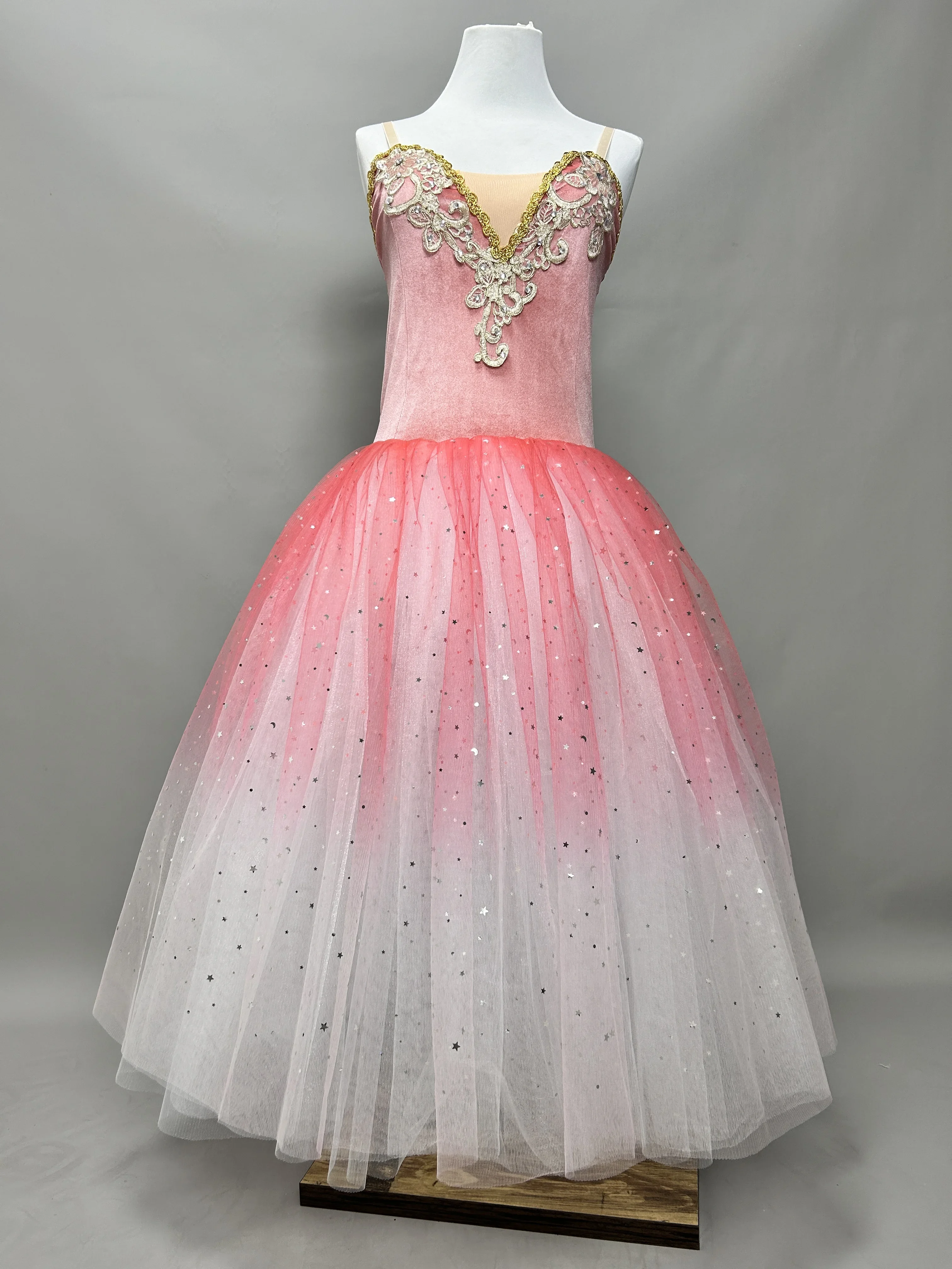 핑크 그라디언트 발레 드레스 스팽글 어린이 키즈 성인 긴 발레리나 드레스 여성 발레 의상 소녀 공연 투투 댄스 착용