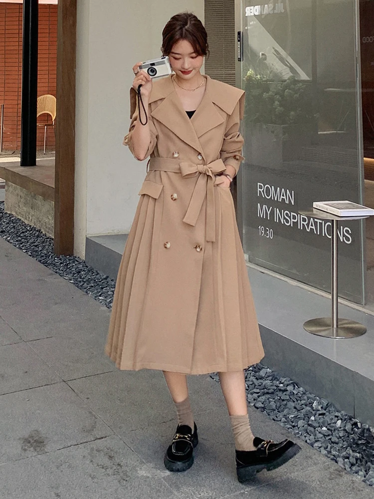 LANMREM Designer Trench Coat For Women Double Breasted Long Sleeves Spliced Belt Fold Coats Fashion Clothing 2023 New 2YA3542