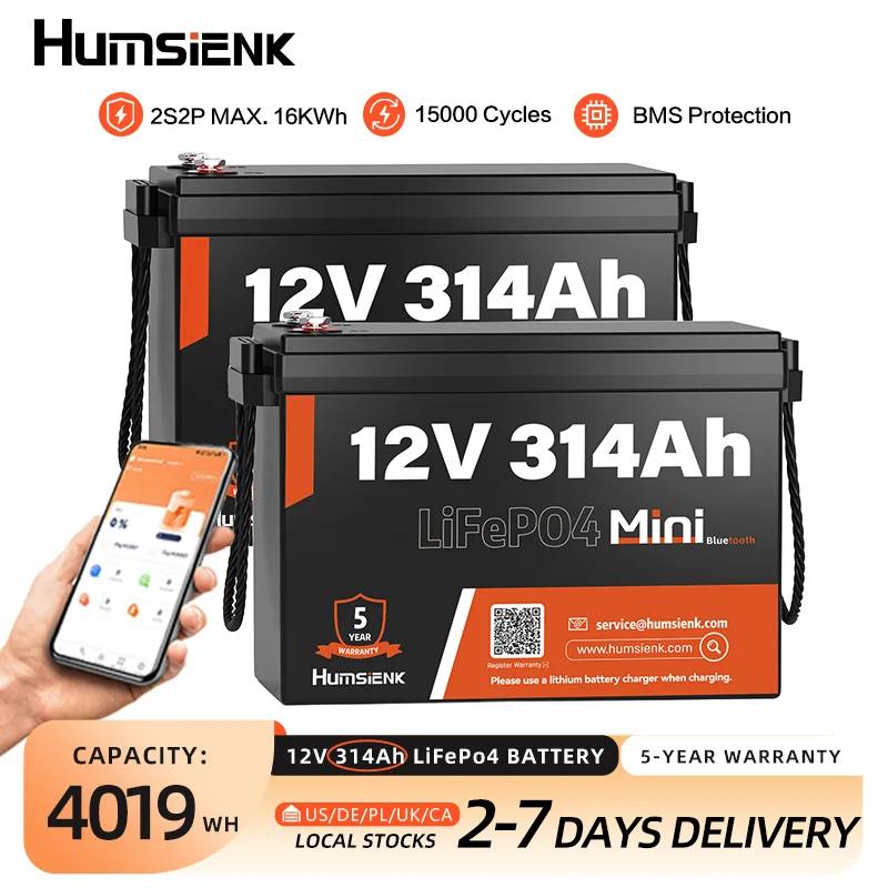 

Humsienk 12V 300Ah(314Ah) LiFePO4 Lithium Battery 2PK With Bluetooth 200A BMS Rechargeable For RV/Golf Cart/Camp/Boats MAX 16KWh