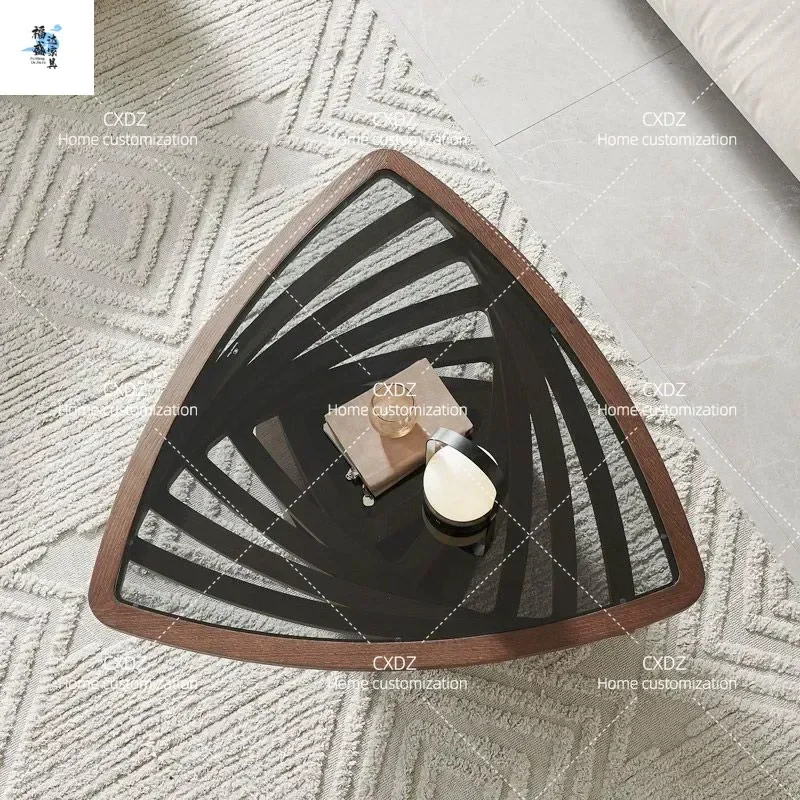2025 Nordic Triangular Coffee Table Hollow Art Creative Small Apartment Living Room Black Tempered Glass Center Table