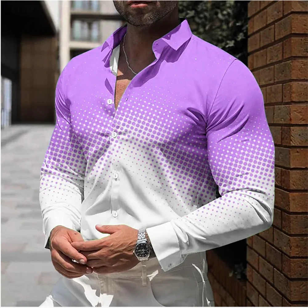 Men's Solid Color Gradient Polka Dot High Definition Pattern Printed Shirt, Spring and Summer Casual Top in 10 Colors, New, 2024