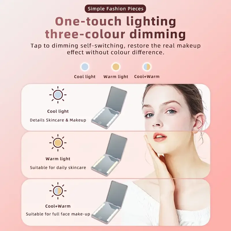 Mini lusterko do makijażu LED z kieszonkowym formatem, powiększeniem 3x, pęsetą do brwi, 3 trybami oświetlenia i regulacją jasności, przenośne, podręczne.