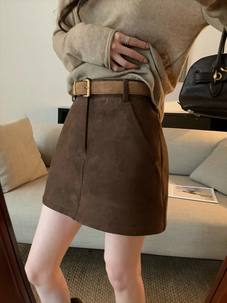 MUKOK Korean Style Retro Deep Coffee Suede A-Line Collide Nail Short Skirt High Waist City Commuting Daily Use Other Material