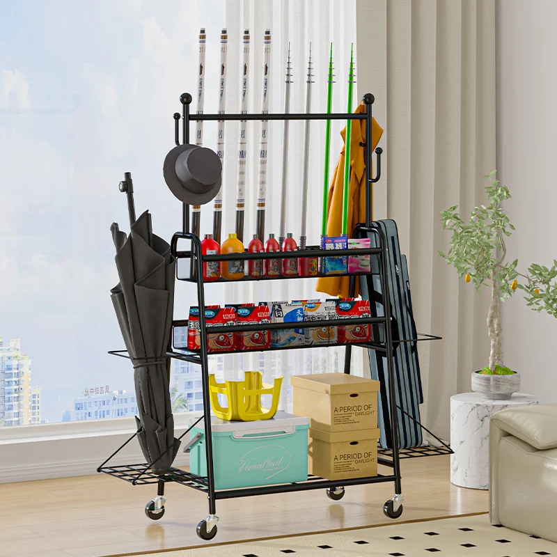 Large Capacity Fishing Rod Storage Rack Movable Cart Fishing Box Storage Rack Fishing Chair Umbrella Display Rack