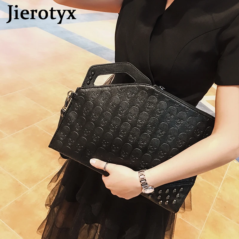 JIEROTYX Ghost Head Skull Clutch Bags for Women Crossbody Shoulder Bag Handbags Envelope Bag Men Large Capacity Black Leather