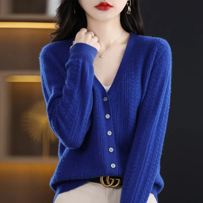 

2024 Spring And Autumn New 100 Pure Wool Thin Knitted Cardigan Women's Short V-Neck Solid Color Cashmere Base Sweater