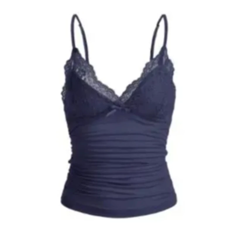 Sexy Lace split joint V-neck Sleeveless Camisole Backless Slim  Solid Color Fresh Sweet Bow Casual Short Fold Inside Join Top