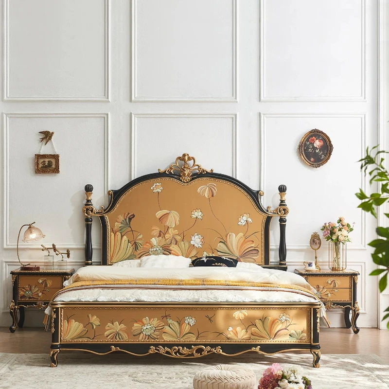 Chinese style hand-painted lotus solid wood carving bed master bedroom double gold bed