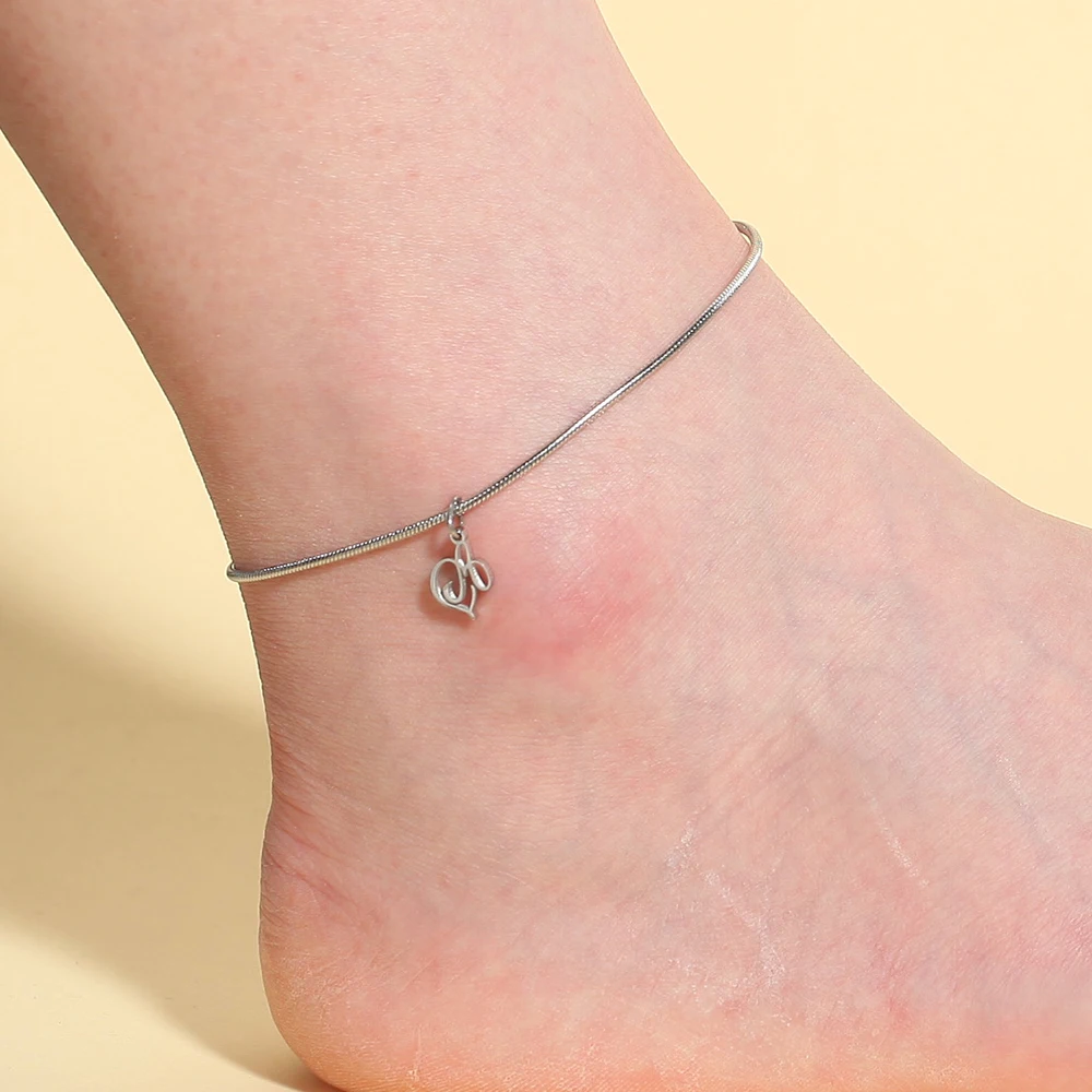 Minimalist style Women Silver Stainless Steel Round Snake Chain Foot Chain Art Letter Pendant Fashion Women's Jewelry Gift