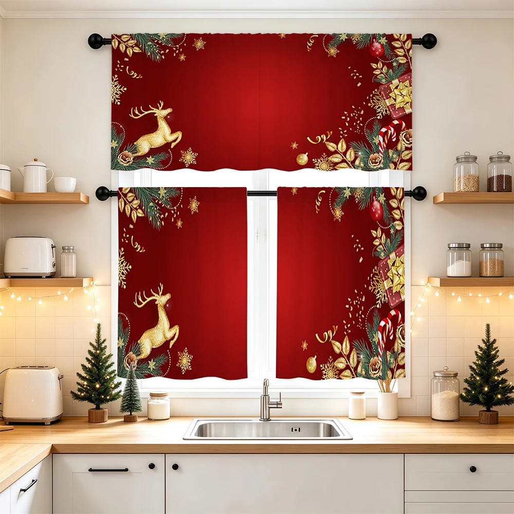 Christmas Kitchen Curtains, Golden Reindeer Pine Gift, Digital Print, Kitchen Dining Room, Rod Pocket Polyester, Home Decor
