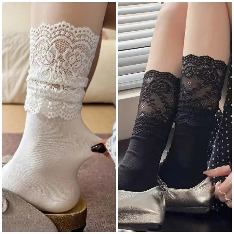 

1/2 пары легких дышащих кружевных чулок для женщин, летние тонкие модные универсальные носки средней длины, милые женские носки