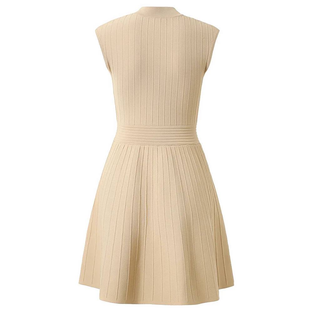 女性スリムフィットノースリーブベージュドレス V ネックシングルブレスト装飾オフィスレディースエレガントなミニドレス