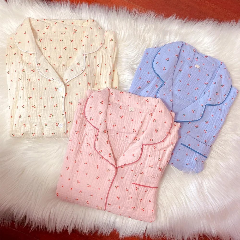 

Комплект домашней одежды для женщин в корейском стиле: пижама из чистого хлопка с принтом вишни, с длинными рукавами и брюками, дышащая, из чистого хлопка