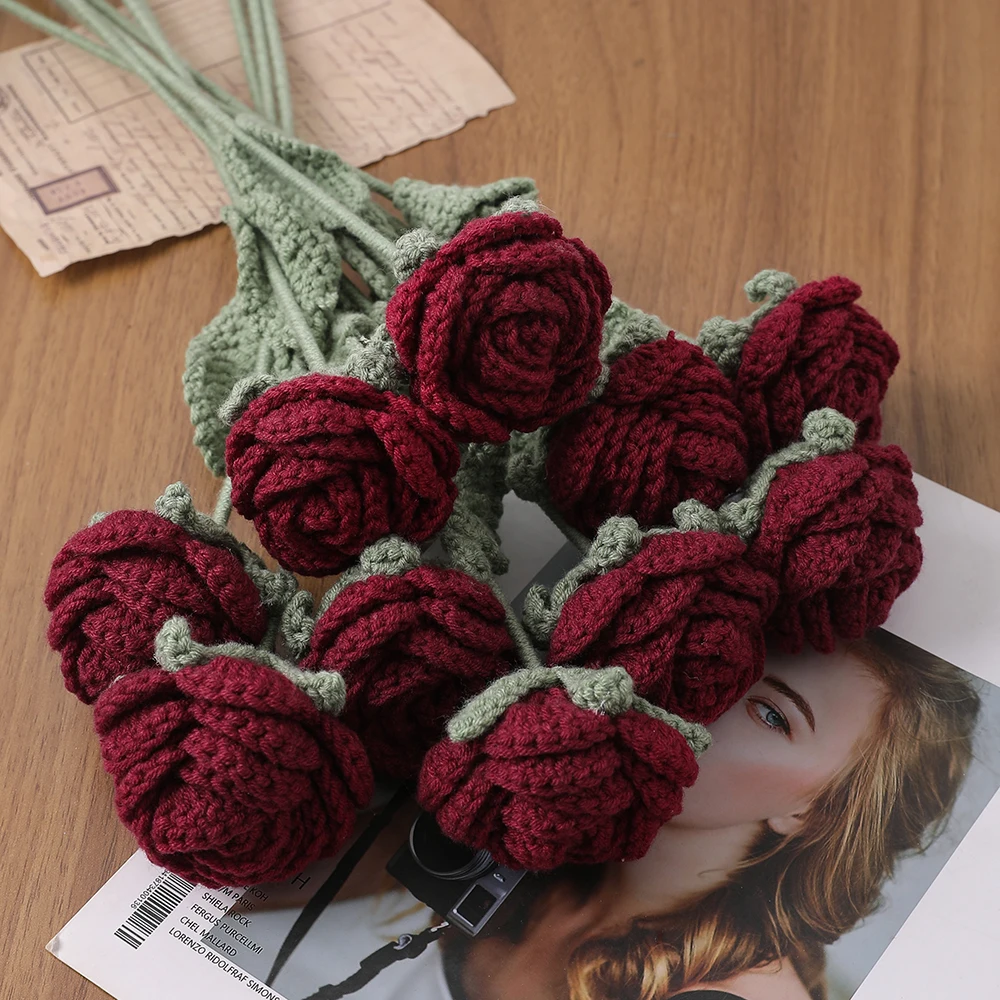 1/3pcs Knitted Rose Handmade DIY Woolen Crochet Artificial Flower Bouquet Room Home Decoration Bride Wedding Mother\'s Day Gifts