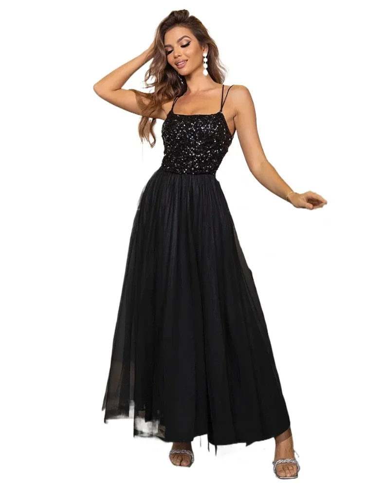 

Mesh Sequined Spaghetti Straps Backless Formal Evening Dress