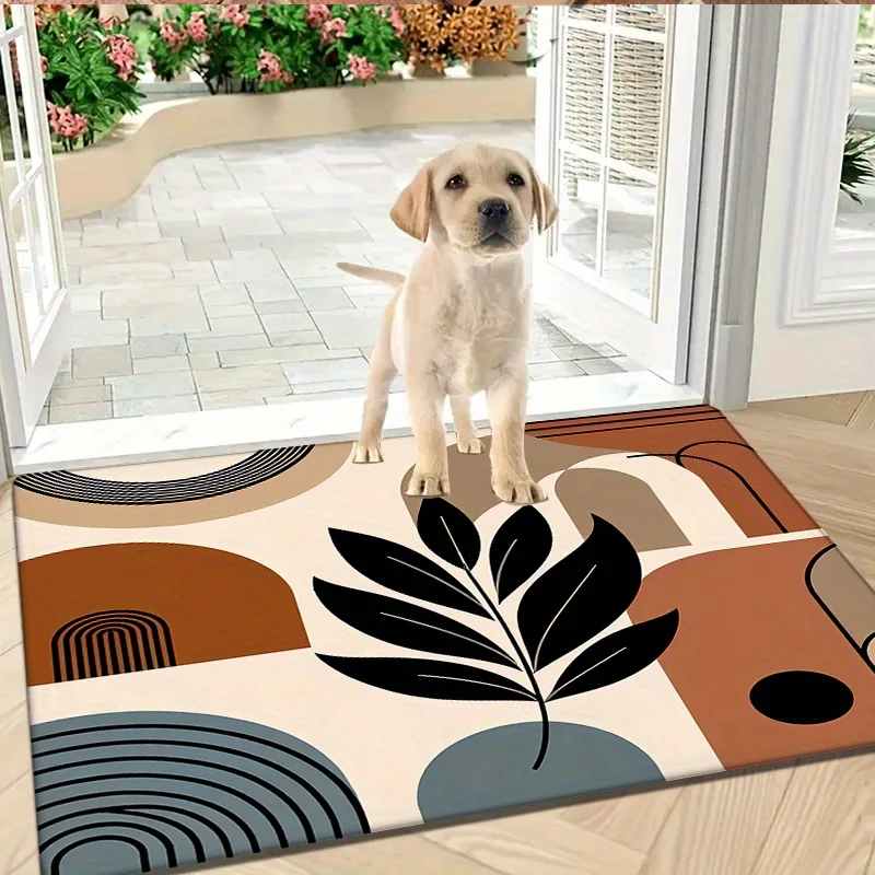 1pc Modern geometric leaf pattern doormat, made of polyester fabric, machine washable, suitable for entryways and foyer.