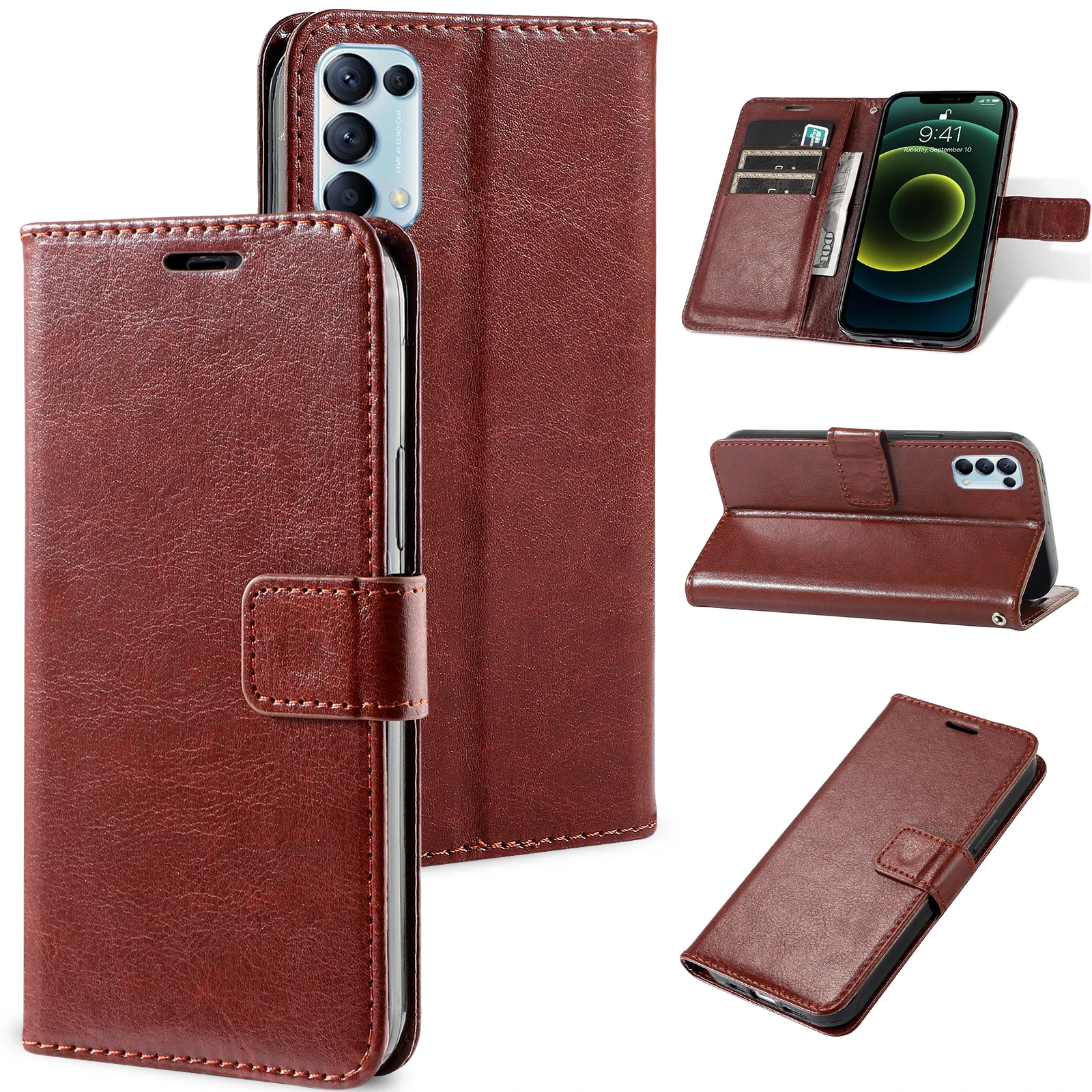 Magnetische Leder-Brieftaschenhülle mit Klappmechanismus für OPPO Reno 5 6 6Z 7 7Z 8 10 Pro 11 11F 12 13 14 14F 15 15F Lite 4G 5G mit Standfunktion – Detail 2