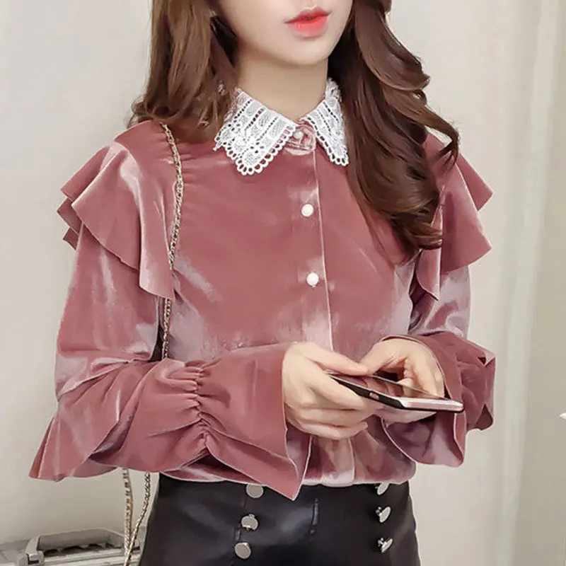 Sweet Ruffles Spliced Velvet Shirt Women\'s Clothing Commute Lace Lapel Autumn Winter Solid Color Elegant Single-breasted Blouse