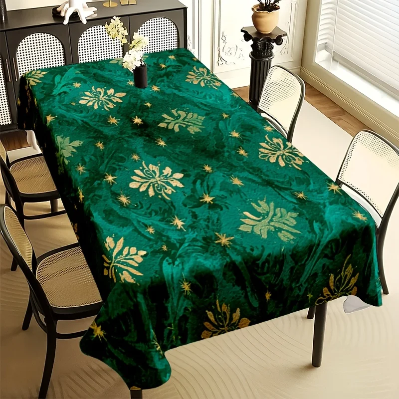 Vintage Green Floral Table Cloth, Rich Emerald Base with Gold Antique Flower & Tiny Star Pattern, Waterproof Table Cover