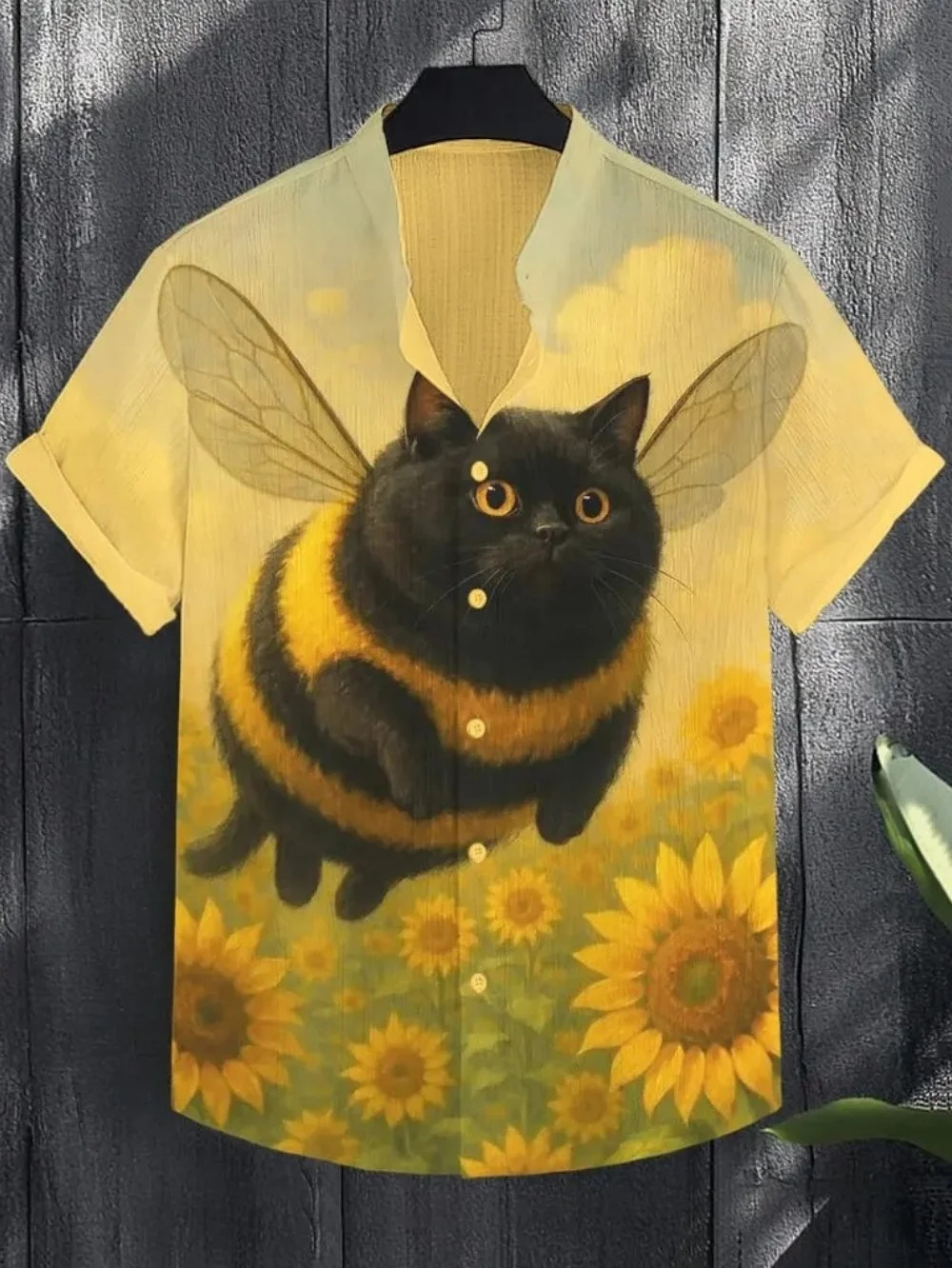 New light green sunglasses, black cat riding retro small motorcycle, coconut tree print men's short sleeved shirt
