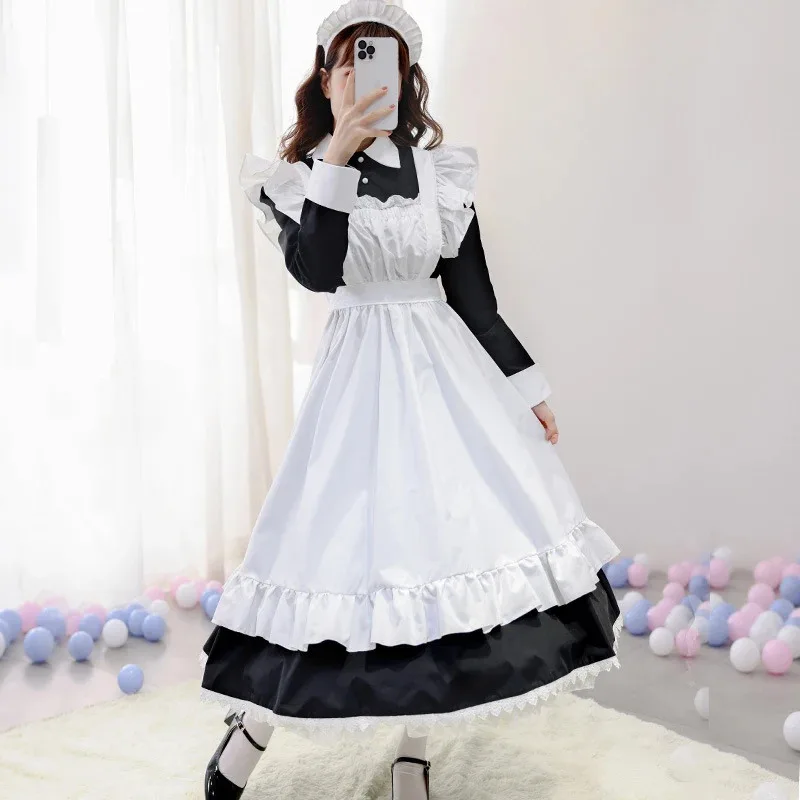 

qq38Women Outfit Long Cosplay Costume Maid Uniform for Men Anime Black White Lolita Dress Unisex