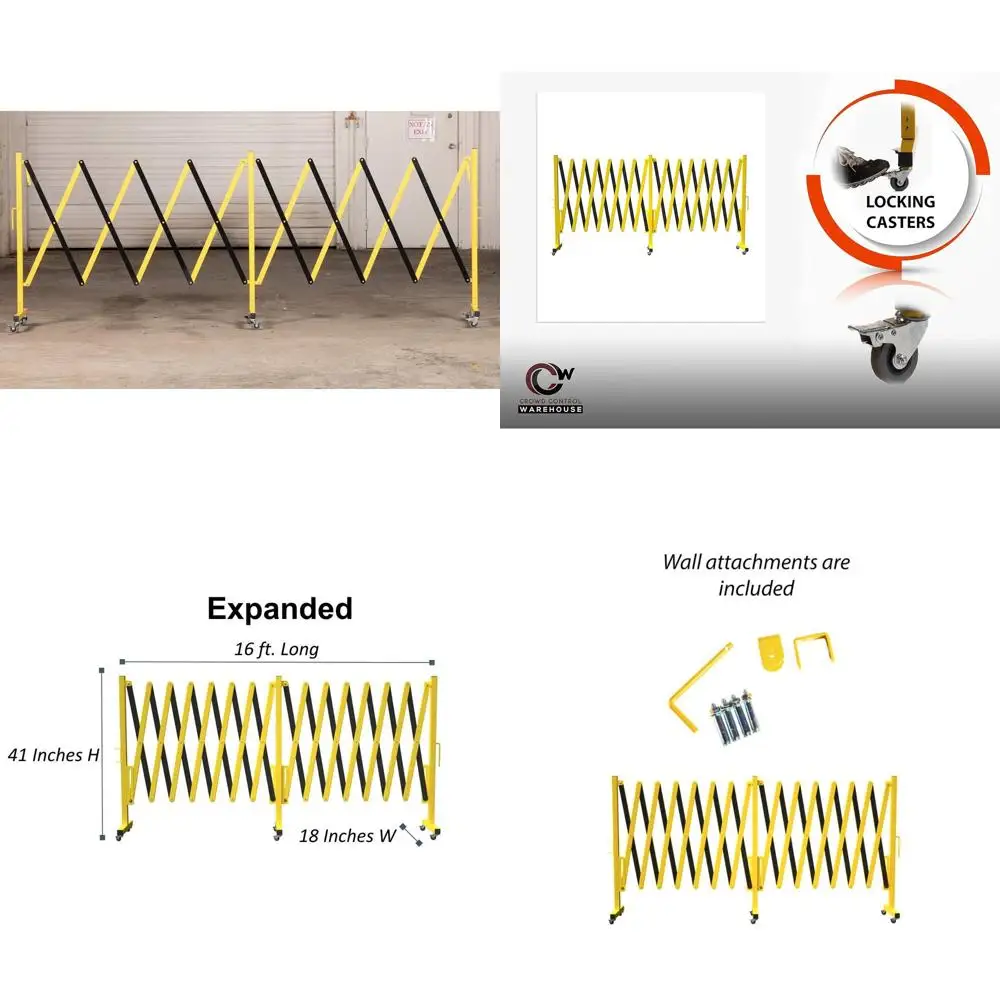 

Expandable 16-Foot Yellow and Black Metal Barrier with Retractable Traffic Entrance