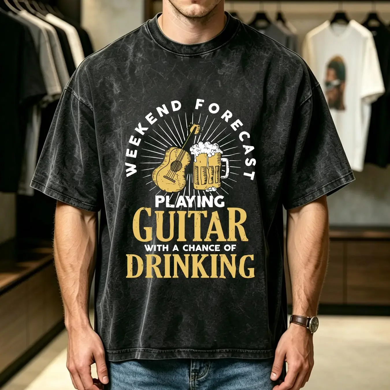washed T Shirt Weekend Forecast Playing Guitar With A Chance Of Drinking Beer Lover Player Guitarist long or short sleeves
