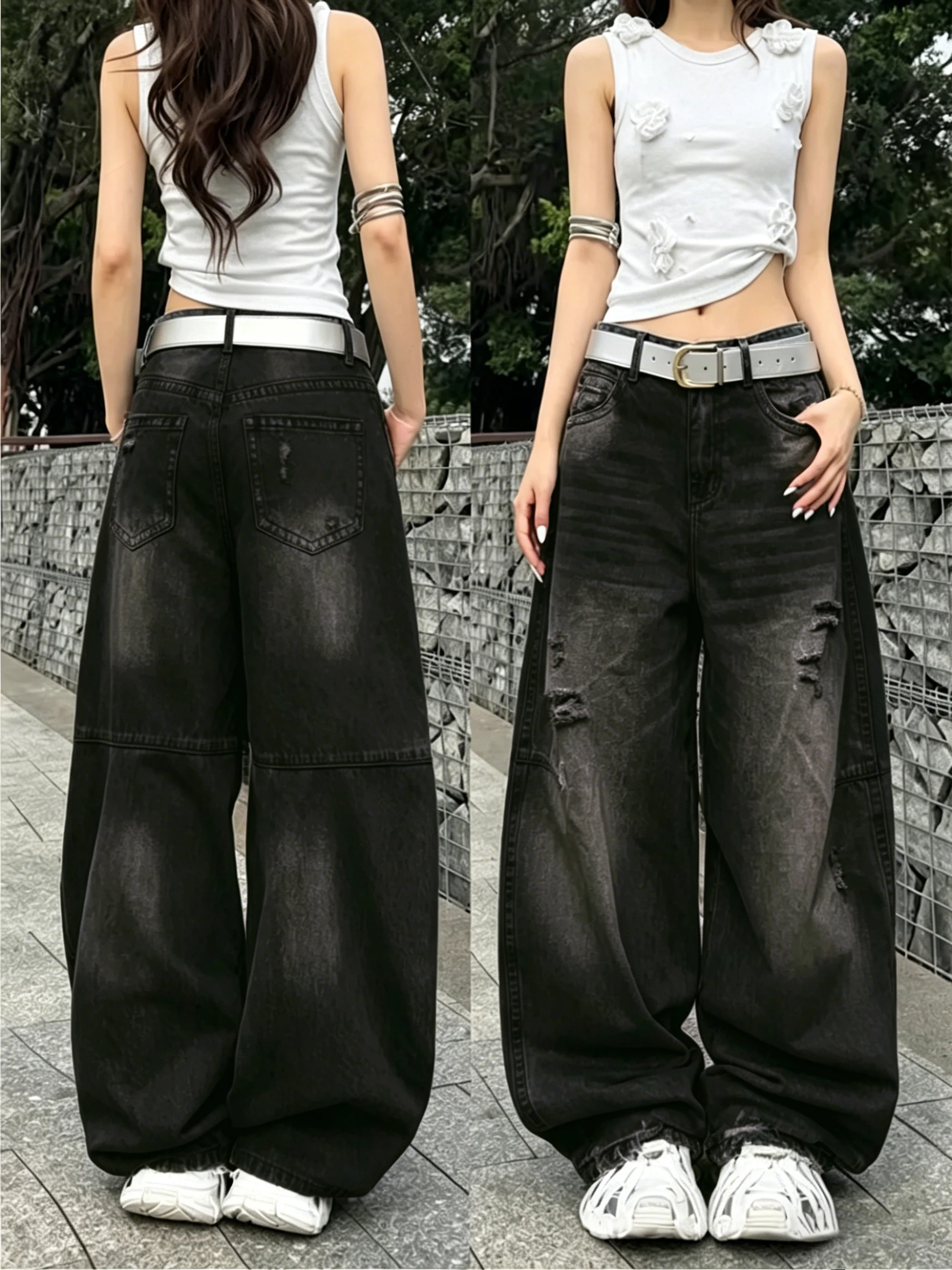 American Vintage Ripped Patchwork Washed Black Baggy Wide-Leg Jeans Y2K Street Trend Versatile Spicy High-Waist Long Pants