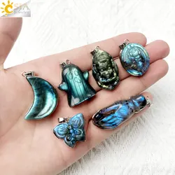 Blue Labradorite Moon Pendant for Necklace Natural Stone Heart Butterfly Crystal Carving Healing Energy Halloween Jewelry H482