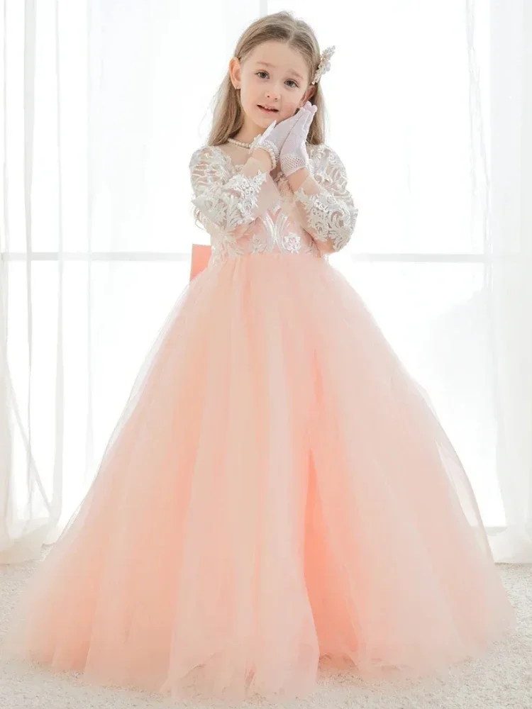 

Birthday Party Holy Communion Gowns Flower Girl Dresses Pink Tulle White Appliques With Trailing And Bow Long Sleeve For Wedding