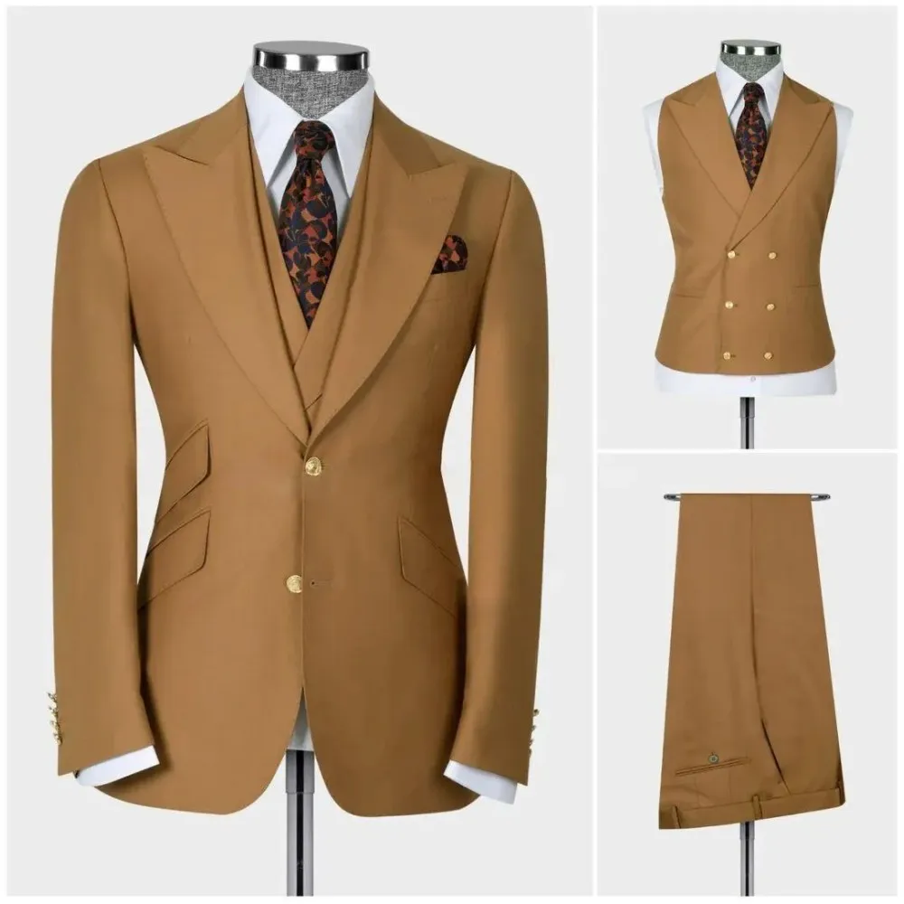 Men Suits Slant Pockets Peaked Lapel Blazer Trousers Sets Wedding Groom Siding Flap Costume Homme 3 Pcs Jacket Pants Vest