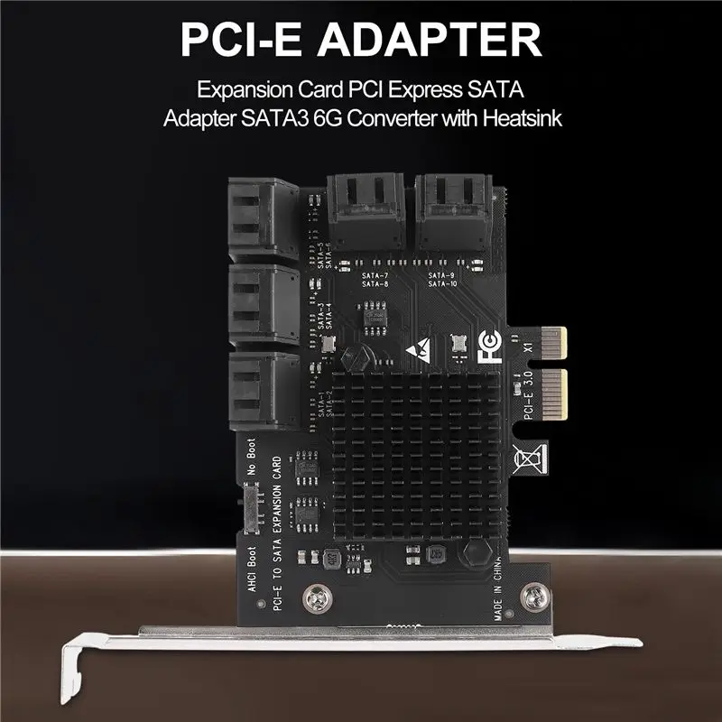 AA19 10 Port SATA 3.0 to PCIe X1 Expansion Card PCI Express SATA Adapter SATA3 6G Converter with Heatsink for Windows