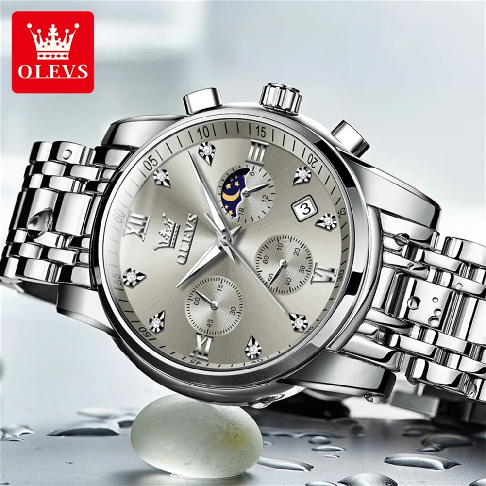 OLEVS 2858 Quartz Watch for Men Classic Three Eye Chronograph Small Dial 24 Hour Moon Phase Luxury Original Men's Watches Gifts