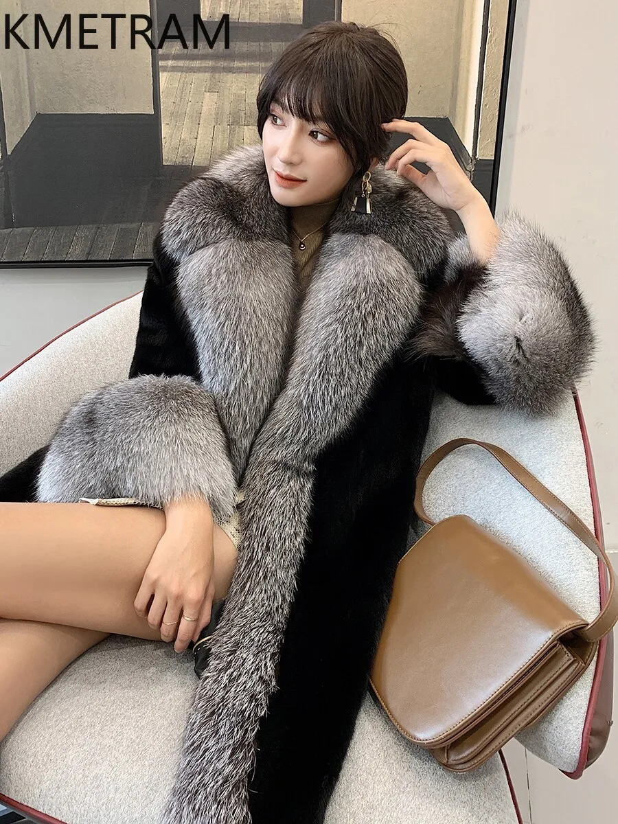 KMETRAM Natural Mink Fur Coat Woman Fox Fur Collar Jacket Stylish Long Fur Coats Winter Warm Women Clothes 2026 дубленка женская