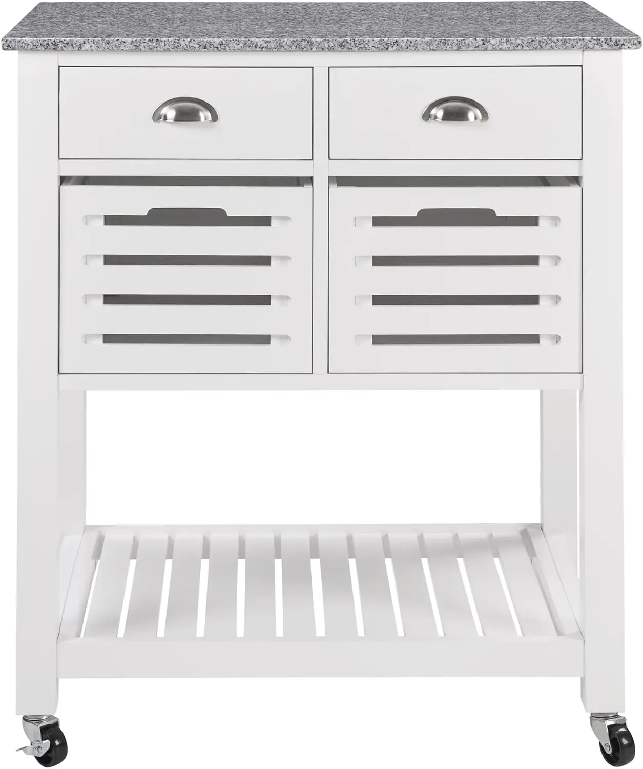 30-Inch Mobile Rolling Kitchen Island Trolley with Marble Countertop, Four Drawers, 2 Breathable Bins – Spacious Design for Food