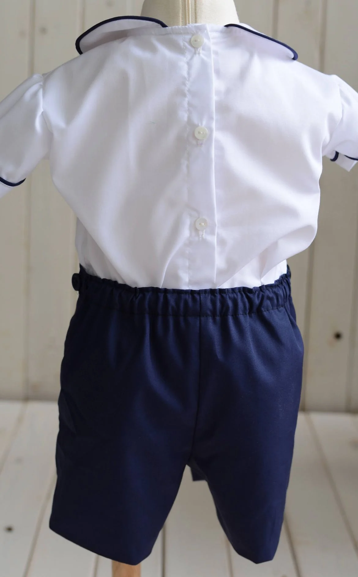 0-6Y Boy Summer White Navy Blue Smocked Outfit Suit