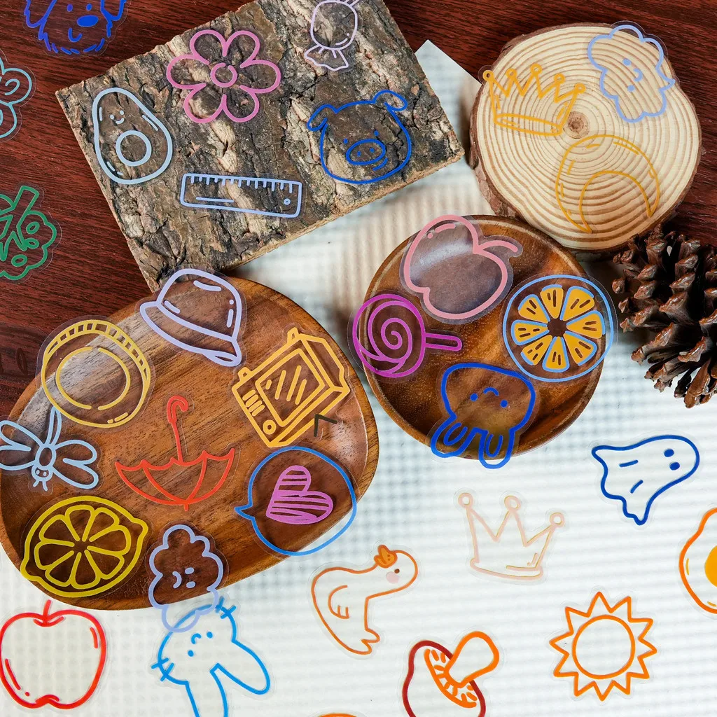 Clear PET Color Line Drawing Sticker Pack 56PCS Aesthetic Minimal Decorative Stickers for Notebook Phone Case Anime Worlds Store