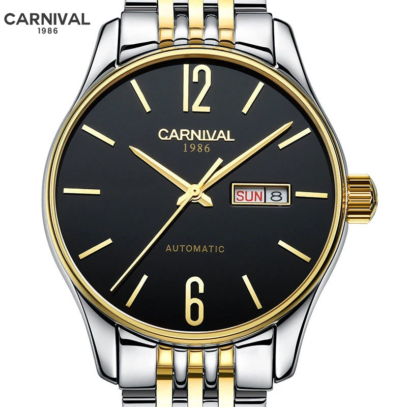 Carnival New Business Men Mechanical Watch for Men Luxury Stainless Steel Waterproof Week Calendar Fashion Automatic Watches